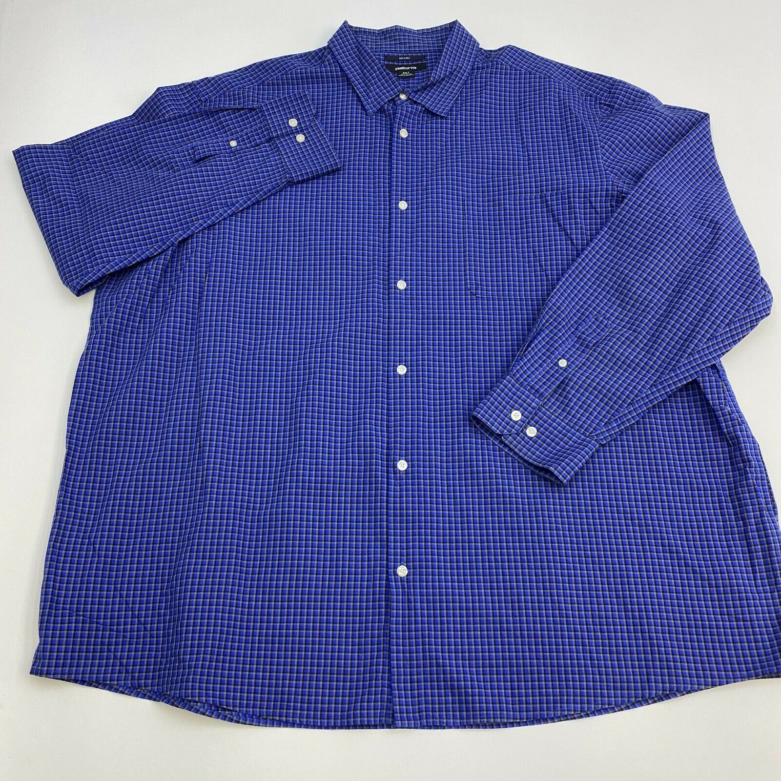 Claiborne Button Up Shirt Mens 3XLT 80's 2 Ply Blue Check Long Sleeve ...