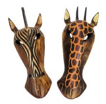 10" Pair of Giraffe and Zebra Hand Carved Tribal Head Masks - $24.69