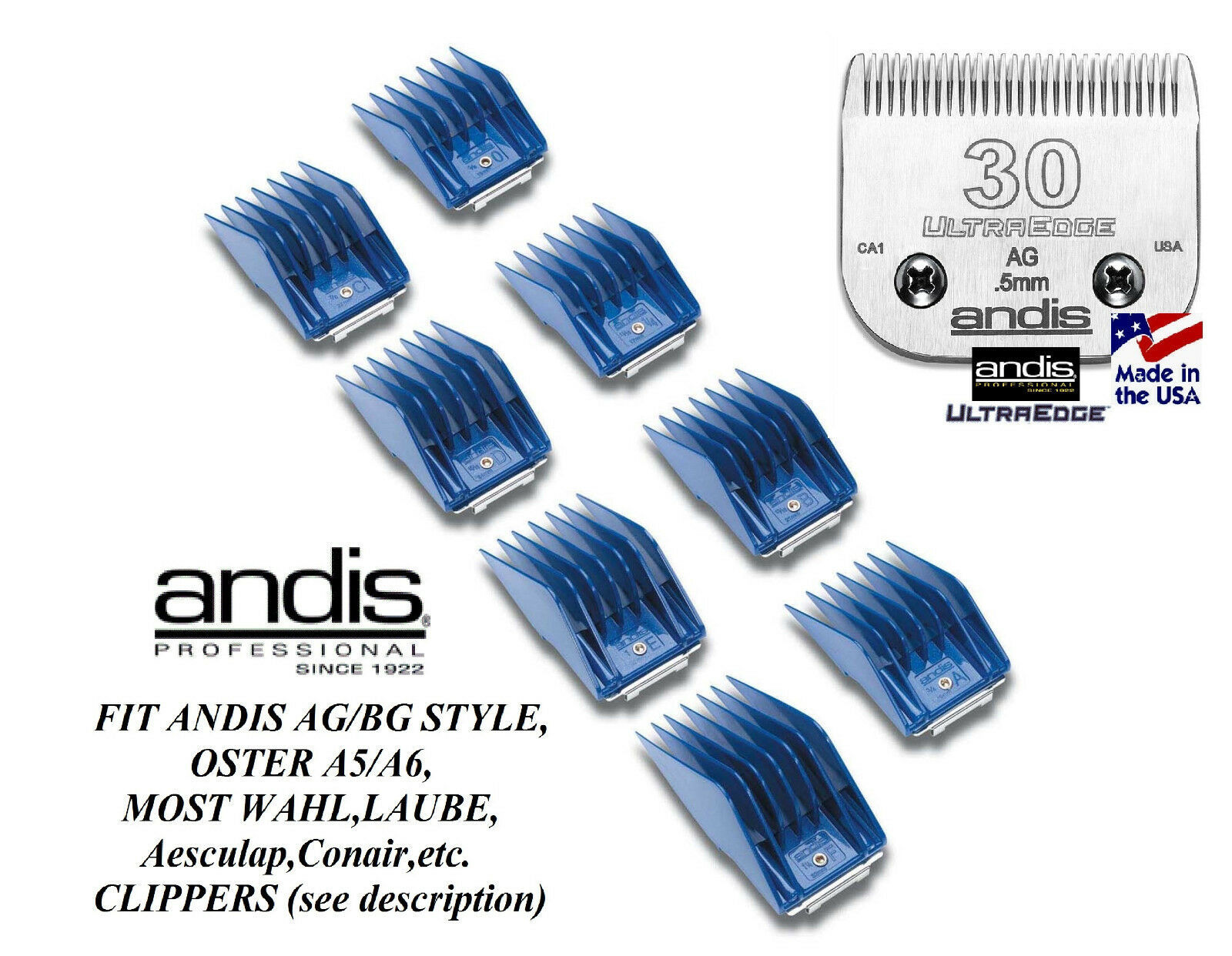 ANDIS 8 pc Guide CLIP SNAP ON COMB&ULTRAEDGE 30 BLADE*FitMany Oster,Wahl Clipper
