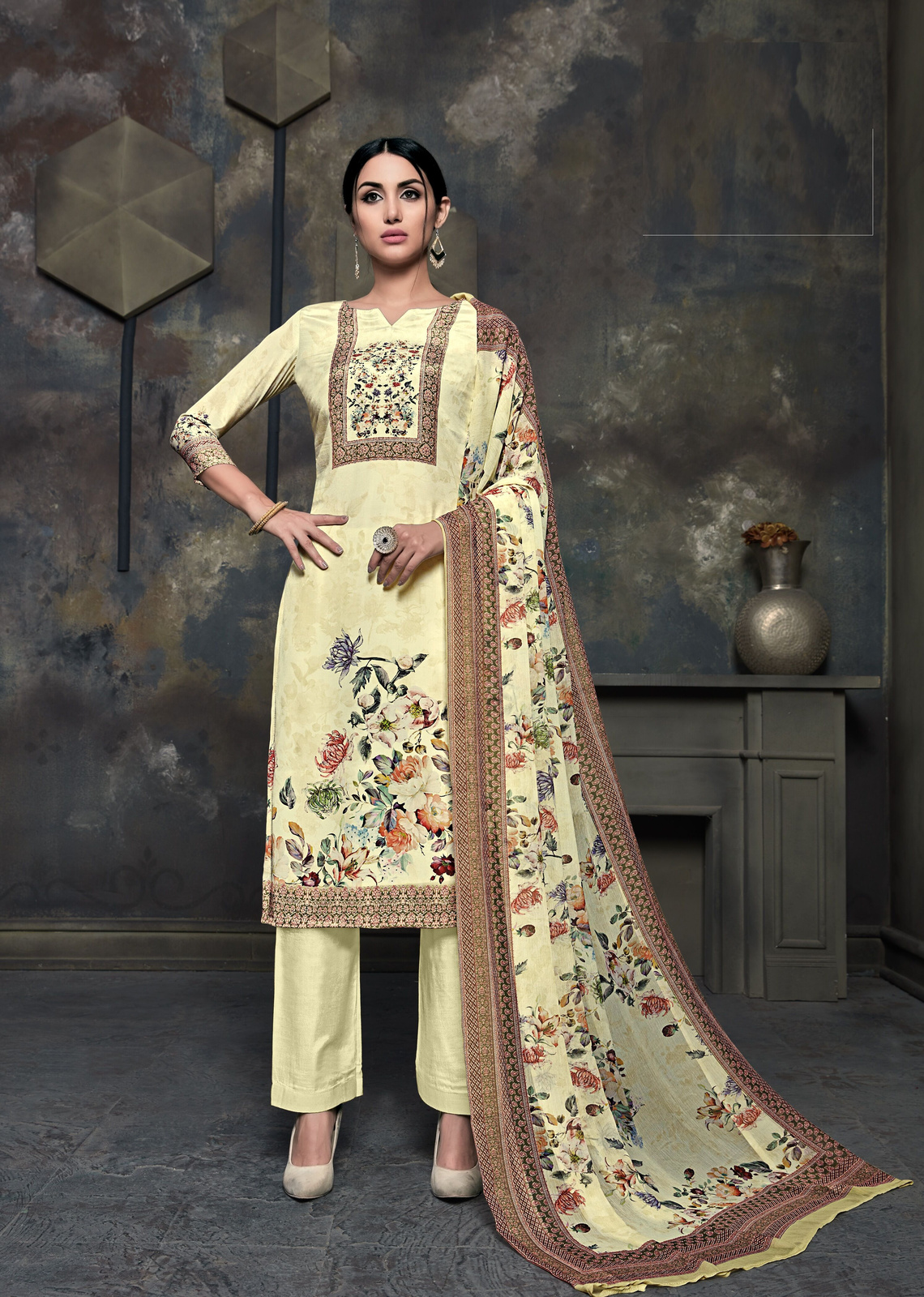 Indian Ethnic Stitched Cotton Palazzo Suit in Yellow - Salwar Kameez