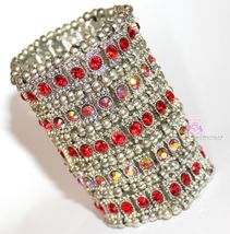 Wide Band Crystal Silver Red Cuff Arm Chunky Woman Warrior Stretch Bracelet - $39.95
