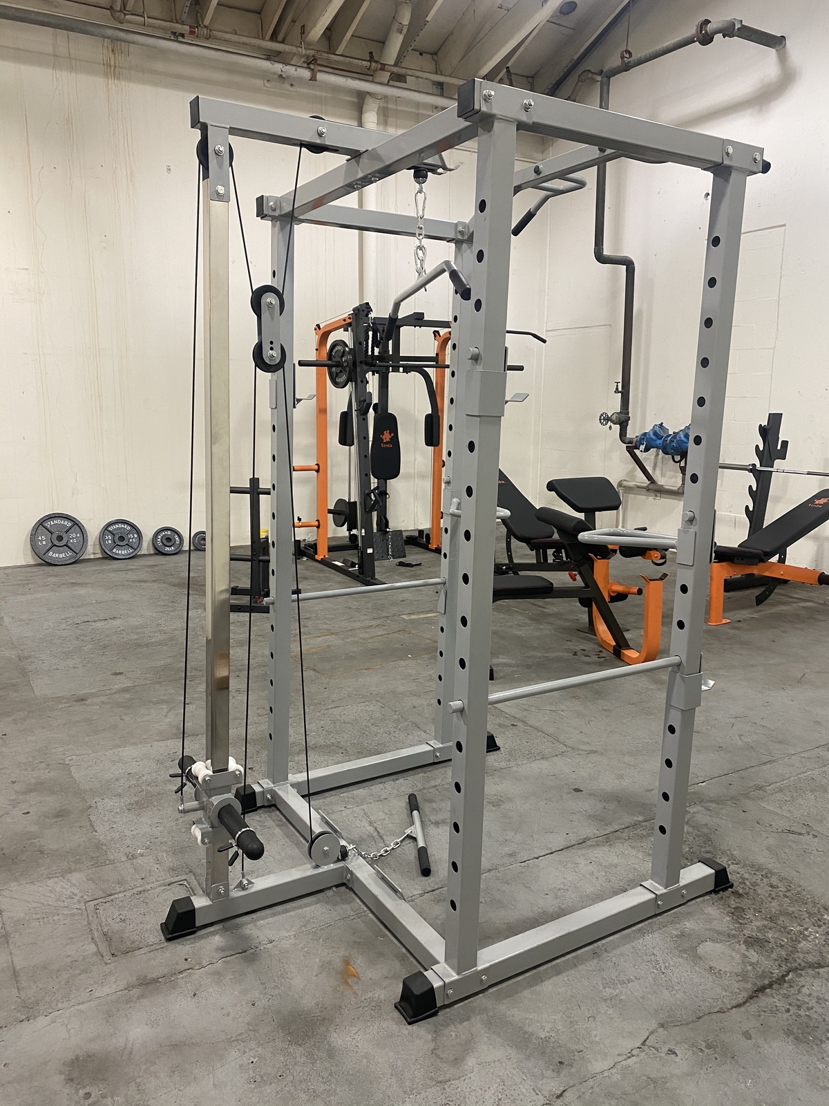 HulkFit 1000Ib Capacity Power Cage with JHooks, Dip Bars, Cage w/ pulley, Grey Power Racks