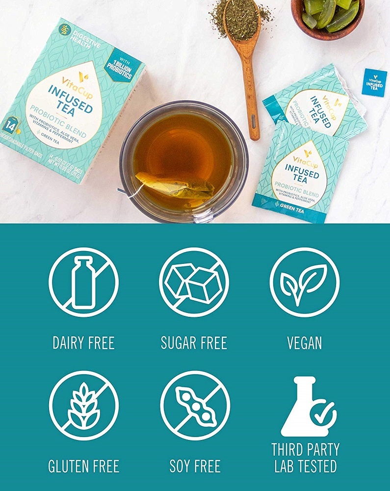 VitaCup Probiotic Blend Infused Tea 14 ct |Keto|Paleo|Vegan| Green Tea(14 Count)