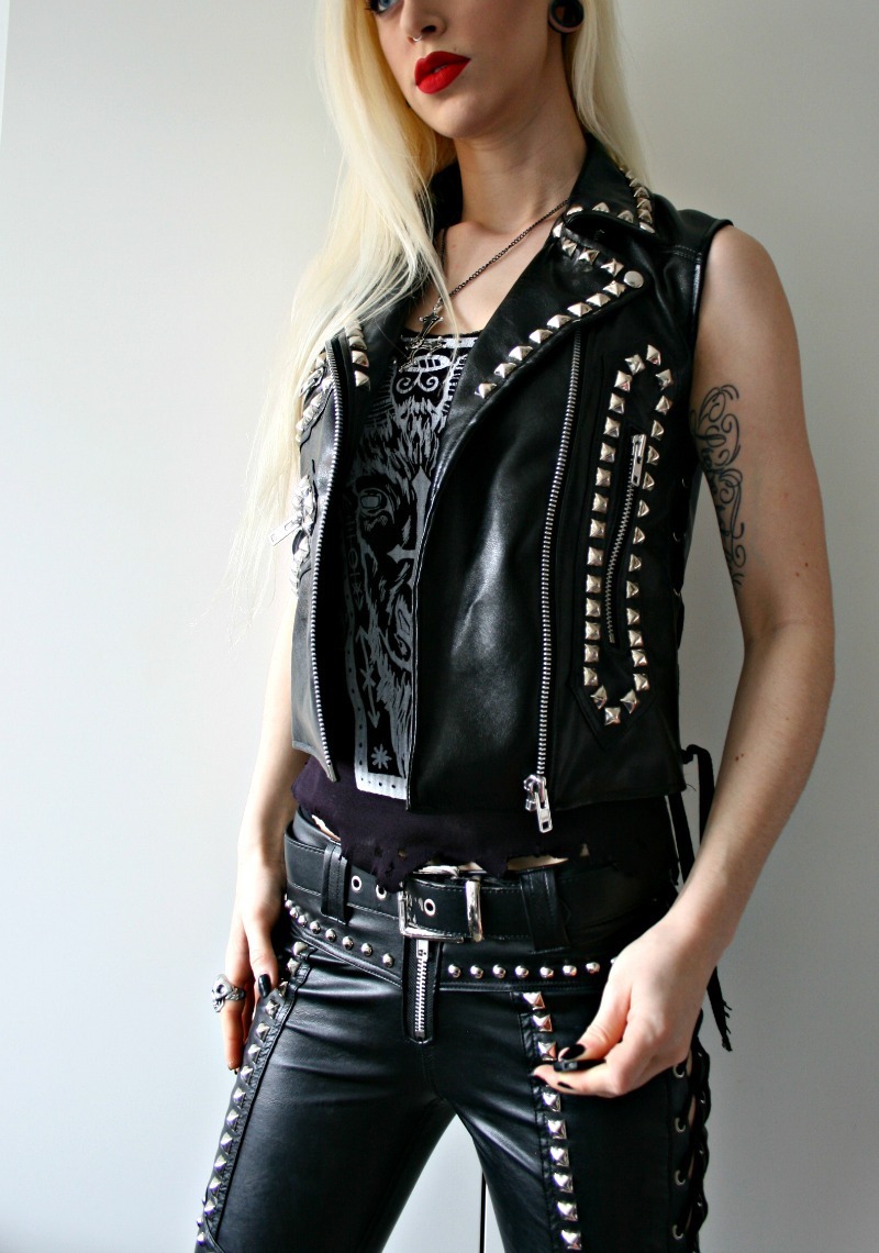 Women Silver Studded Zipper Black Laceup Zipper Genuine Leather Pantsr ...