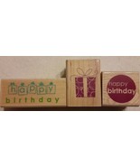 Set of 3 Happy Birthday Present Gift Inkadinkado Wood Mounted Rubber Sta... - $12.86