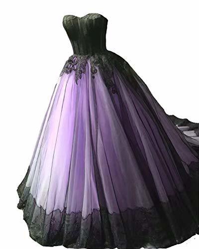 Kivary Vintage Black Lace Tulle Ball Gown Gothic Long Prom Wedding Dress Lavende