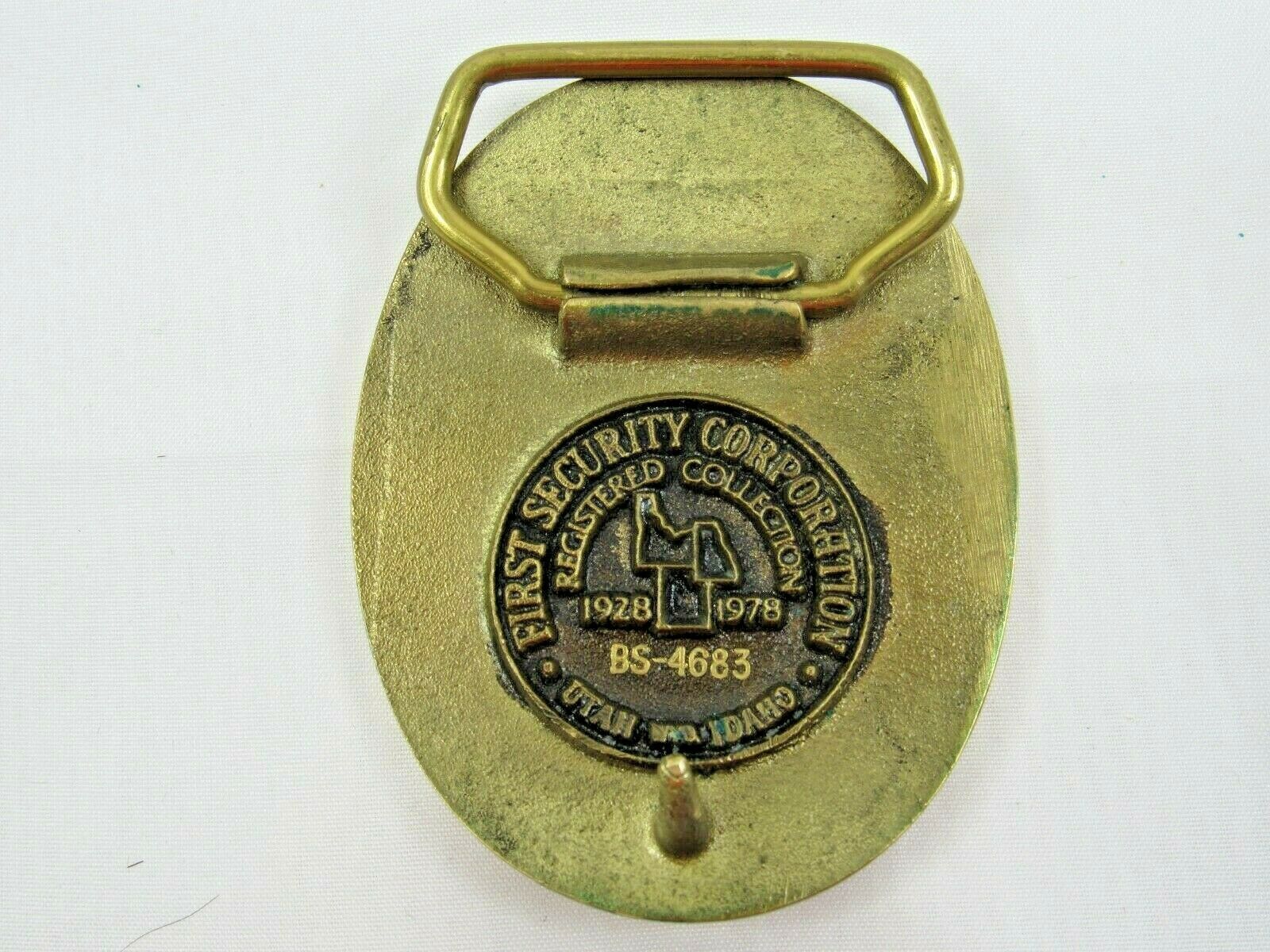 Utah State Seal Brass Belt Buckle First Security Corporation 1928 1978