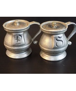 Vintage PEWTER SALT AND PEPPER SHAKERS 3&quot; Tall Mug Shaped Dispensers Mar... - $16.62