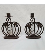 Pair Pumpkin Shaped Brown Metal 7&quot; Taper Candle Holder Fall Autumn Decor... - $27.99