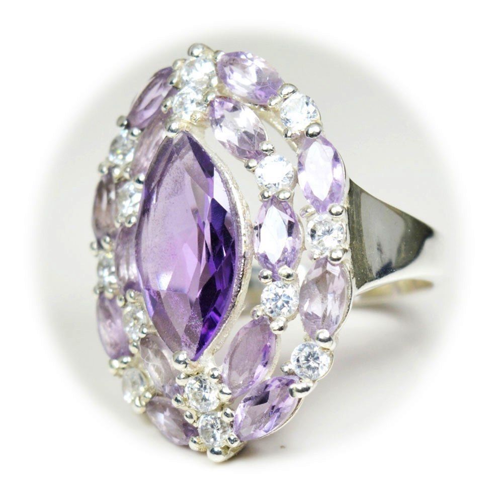 Genuine Amethyst Ring Cab Marquise Cut Gemstone Sterling Silver Ring ...