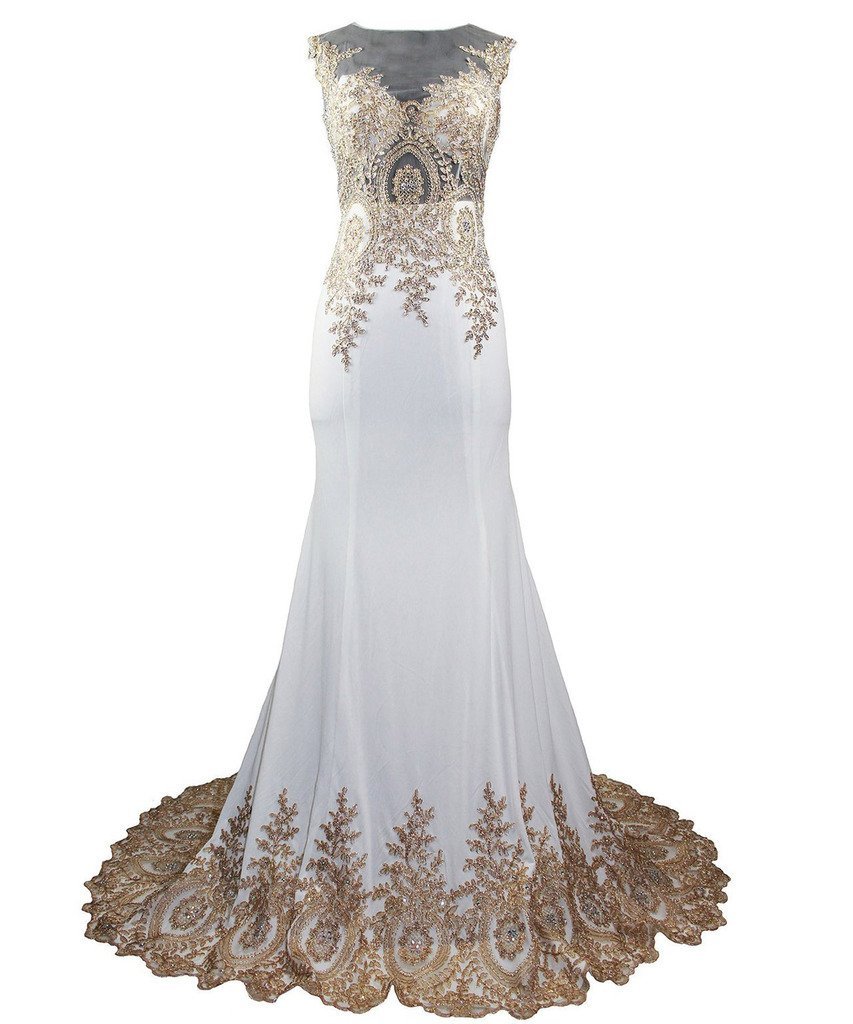 Sleeveless Mermaid Long Gold Lace Crystals Beaded Prom Evening Dresses Plus Size