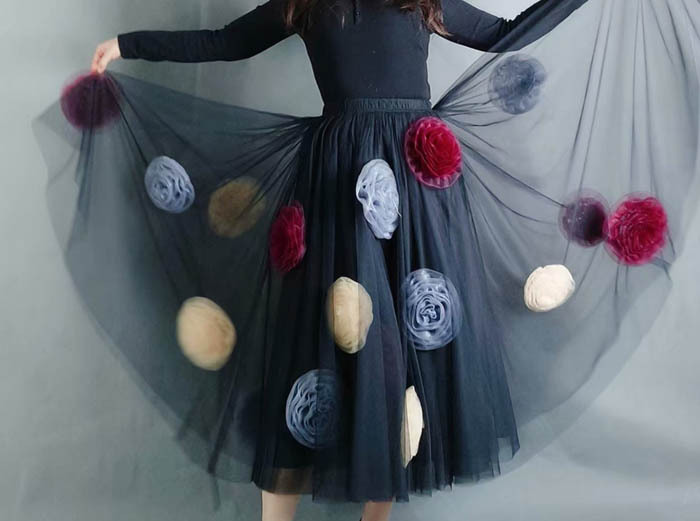 Women Black Midi Tulle Skirt with Flower Plus Size Ruffle Tutu