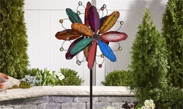 Flower Wind Spinner Stake 84" High Iron Multicolored 2 Layers 3-Pronged Dual image 1