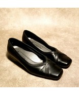 Basic Editions Womens Sz 6.5 W Black Leather Slip On Low Wedge - $21.99
