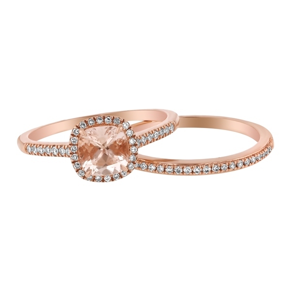 Wedding Bridal Ring Set Cushion Morganite & Diamond 14K Rose Gold Over Silver