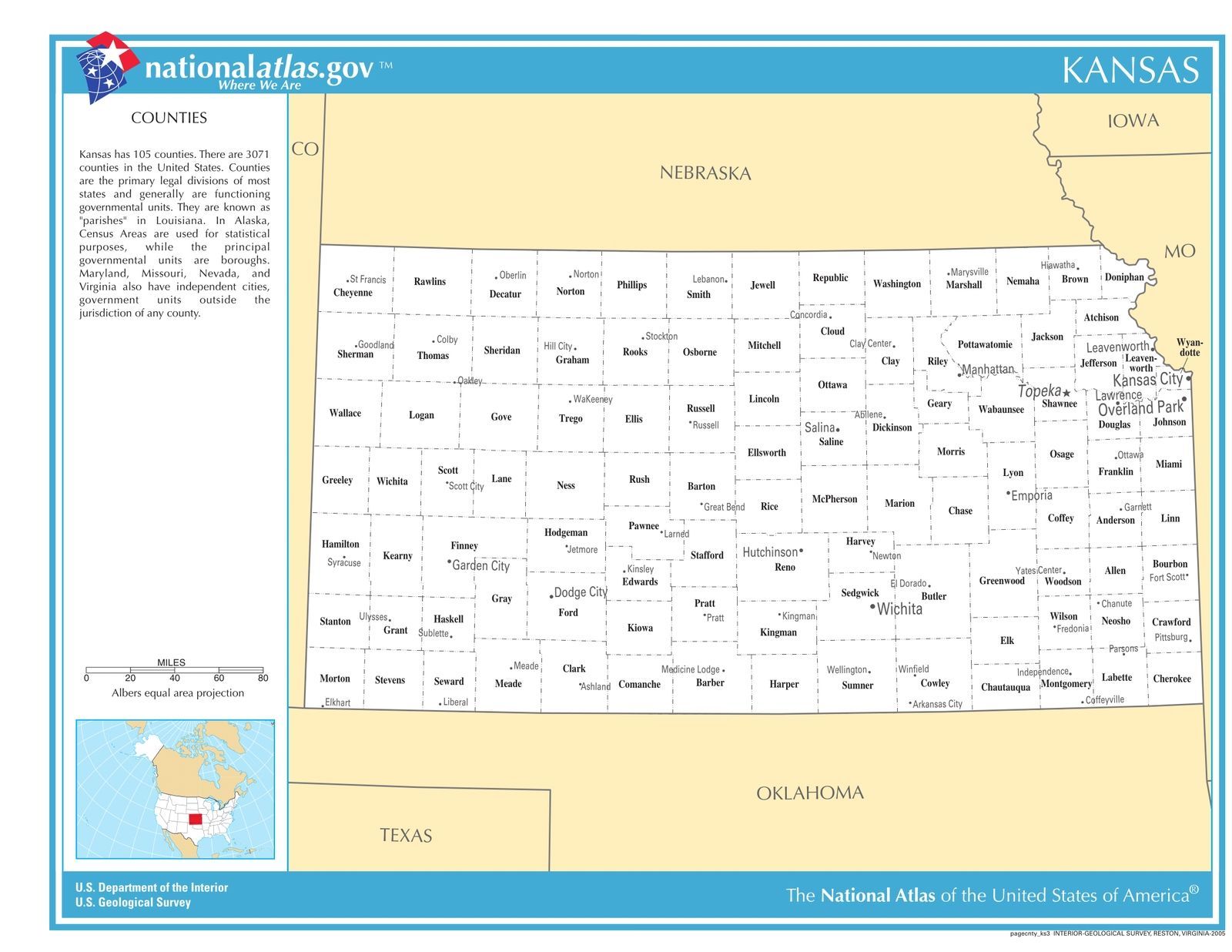Kansas State Counties w/Cities Laminated Wall Map US