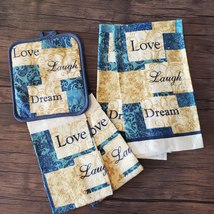 INSPIRATIONS KITCHEN SET 5-pc Towels Cloths Potholder, Love Laugh Dream, Blue image 1