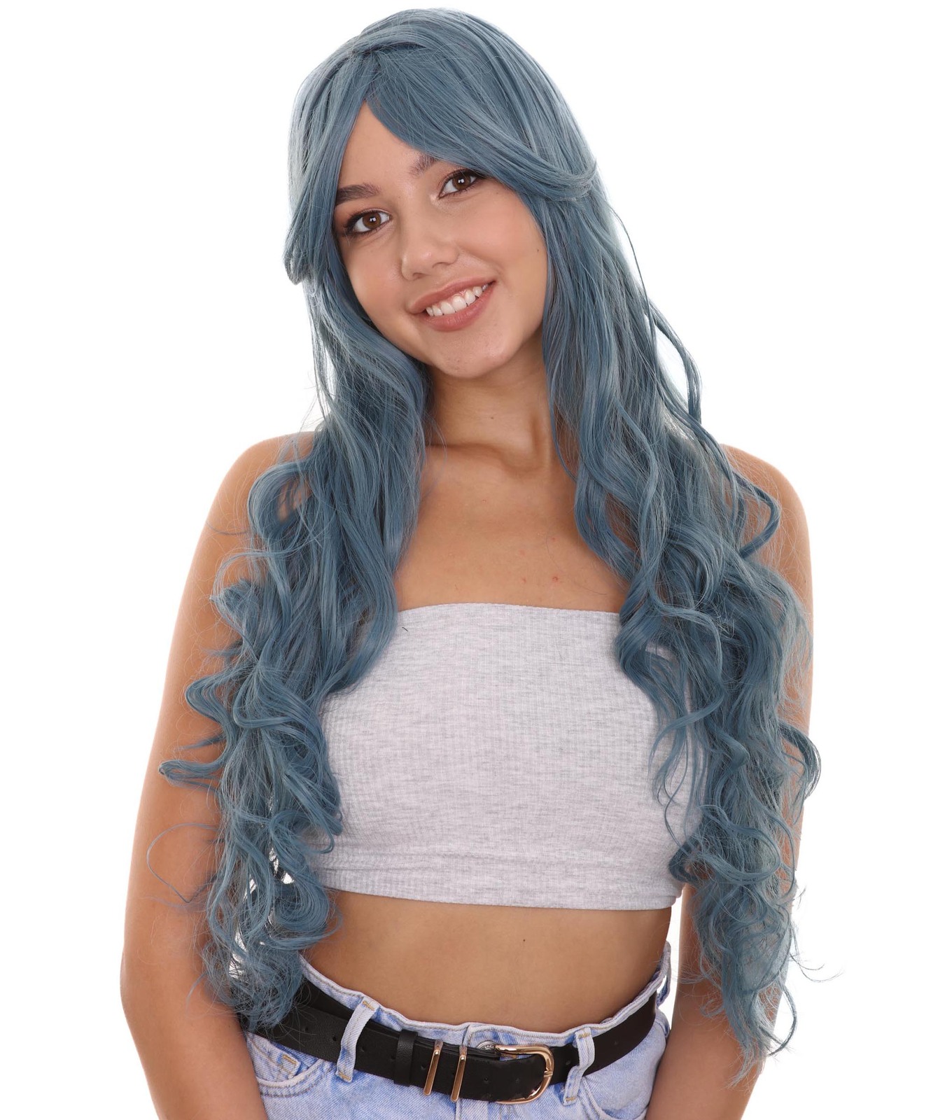 26' Long Curly Womens Wig | Blue Halloween Wig | Premium Breathable Capless Cap
