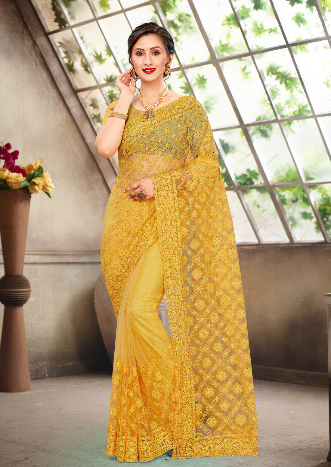 Designer Yellow Heavy Resham Embroidery Moti Stone Work Sari Net PartyWear Saree