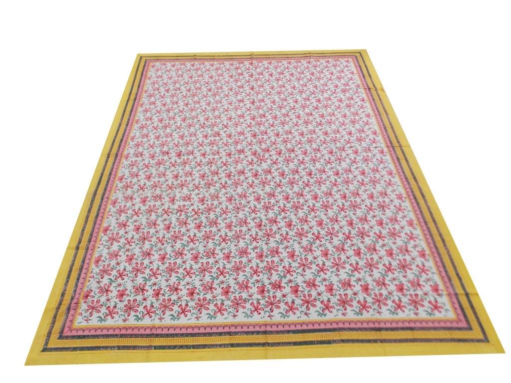 Indian Hand Block Printed Floral Design Yellow Pink Color Bed Sheet, Wall Hangin