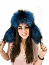 Silver Fox Fur Hat With Leather Trapper Hat Saga Furs Blue Color Ushanka Hat