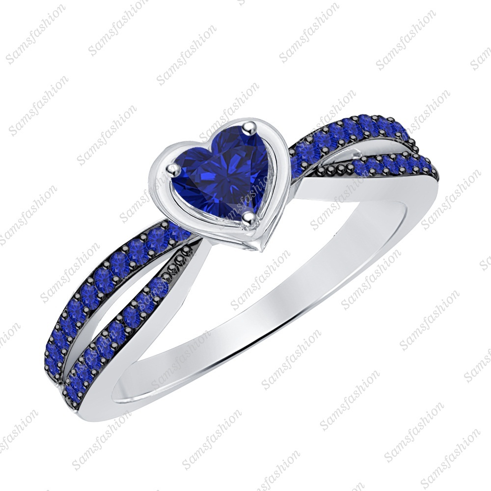 Heart Cut Blue Sapphire 14k Two Tone Gold Over Elegant Twisting Split Shank Ring