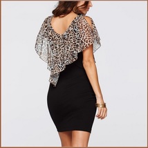 Leopard Print Ruffled Sheer Chiffon Collar Sleeveless Black Pencil Mini Dress image 4