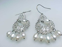 Vintage PEARL, CUBIC ZIRCONIA and Sterling Silver Dangle Earrings - 1 3/4 inches - $68.00