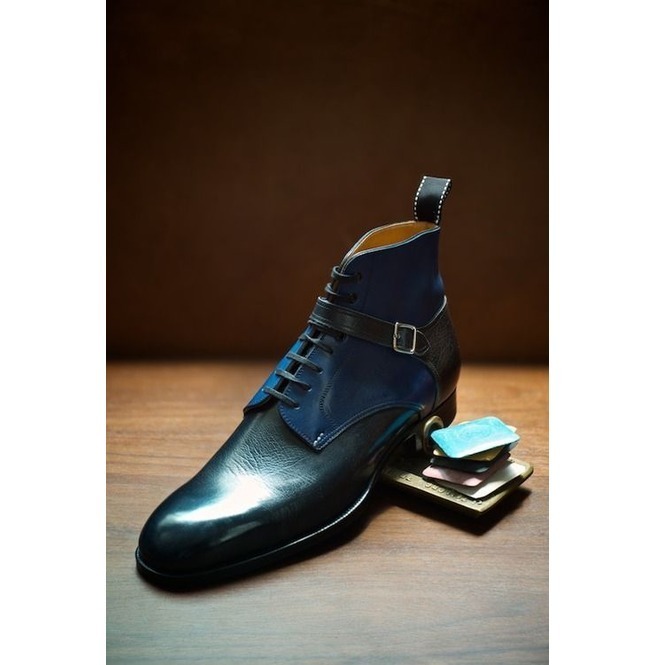 NEW Handmade Blue Black Color Leather Ankle Boot, Men's Strap Jodhpurs Lace up B