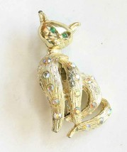 Mid Century Modern Iridescent Rhinestone Gold-tone Cat Brooch 1960s vint... - $12.30