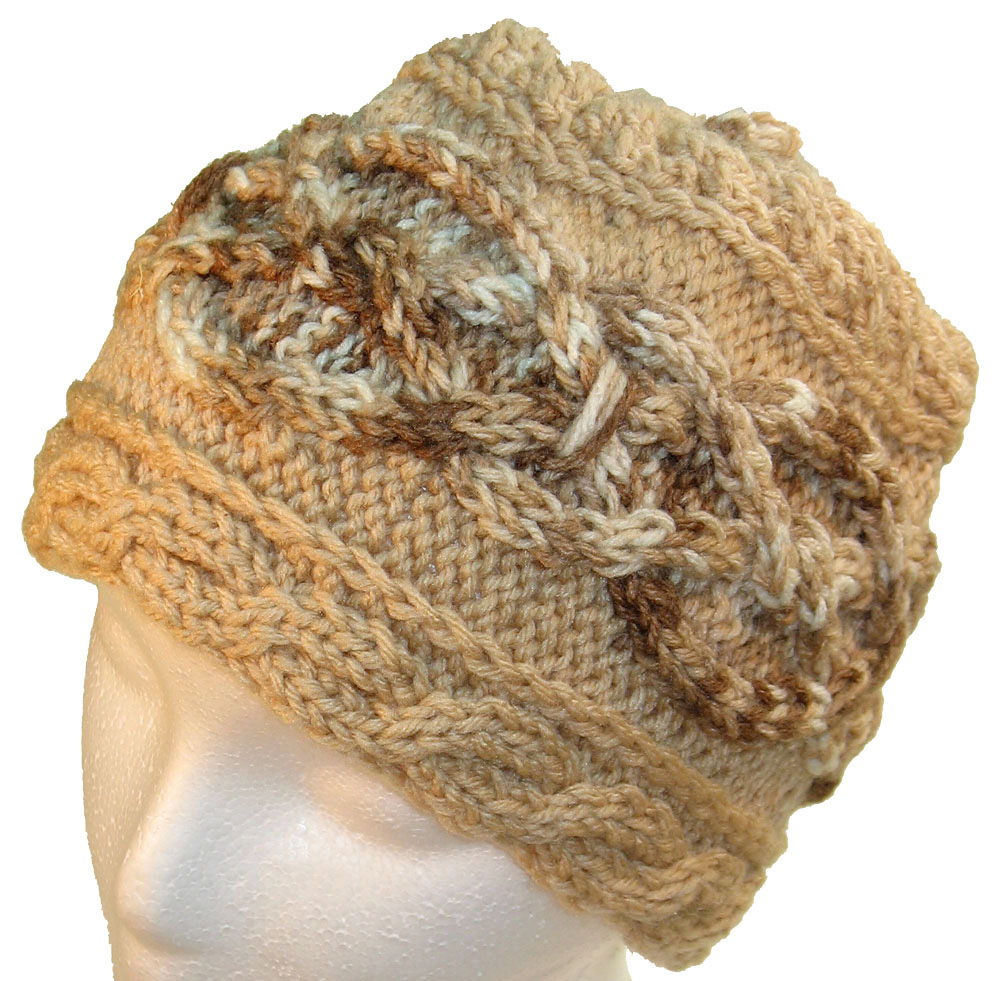 Primary image for Brown hand knit hat with multicolor brown cable