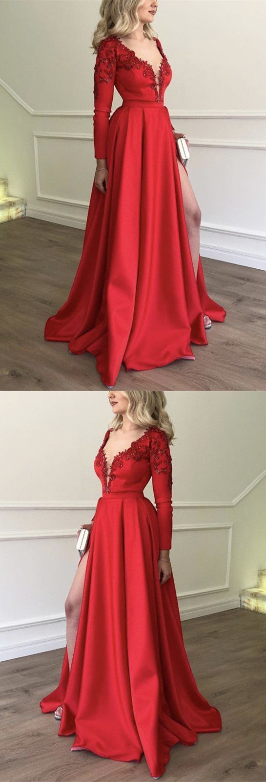 Stylish Embroidery Beaded Long Sleeves Satin Evening Dresses ALine