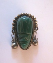Vtg Sterling Silver Brooch Mexico Carved Green Onyx Warrior Mask Face Marked - $29.69
