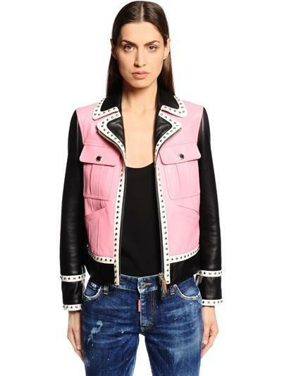 Women's Multi Color Pink White Black Cont Genuine Leather Silver Studded Jacket