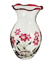 VTG Lenox Glass Vase Cut Etched Red Painted Pansies Florals Fluted Ruffled 6" - $23.75
