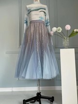 Women Blue Tulle Maxi Skirts Pleated Holiday Tulle Skirts Outfit Wedding Guest image 5