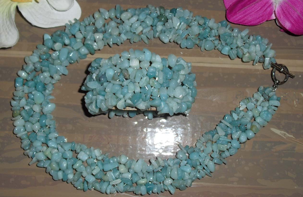 Astonishing Genuine 18" Amazonite Gem Necklace With Bracelet