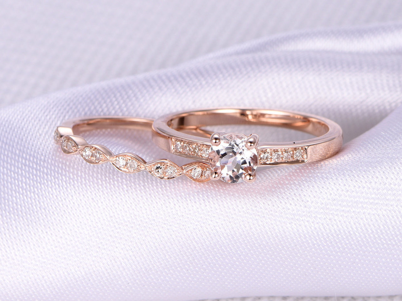 6.5mm Round Morganite & Diamond Anniversary Bridal Ring Set 14K Rose Gold Over
