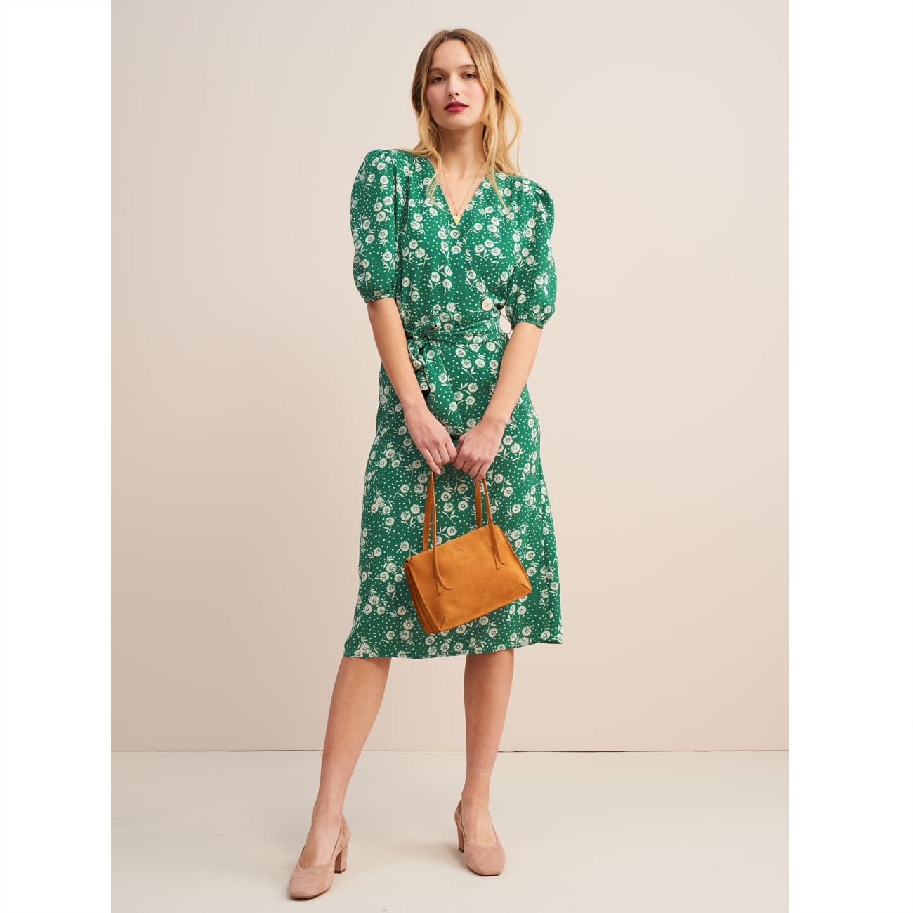 Rouje Green Robe ROSALIE Flower Printed Wrap Midi Dress Tea Dress - Dresses