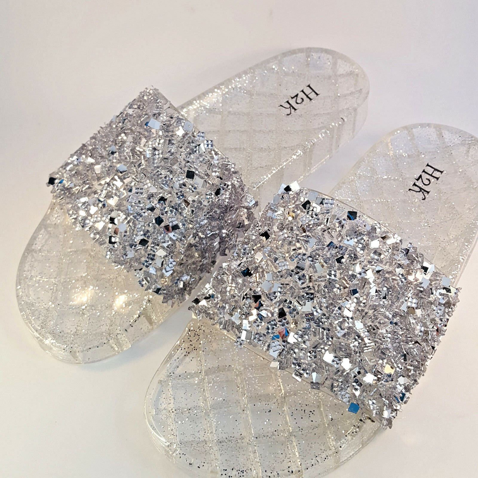 Primary image for H2K CANDY Silver Color Glitter Beads Fashion Slides Flip Flops Sandals Bling 