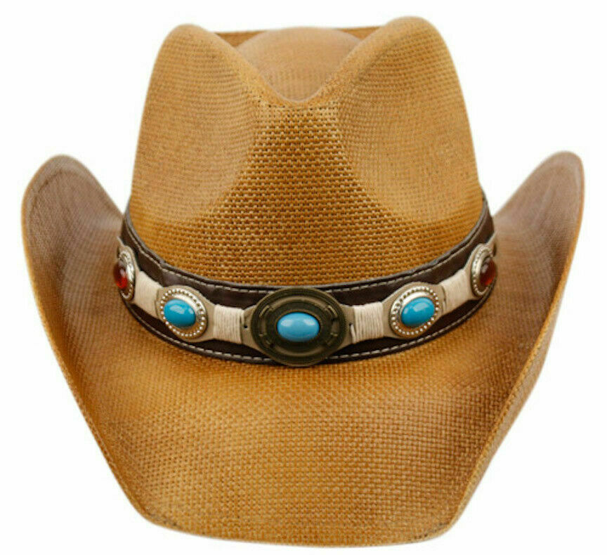 Cowboy Hat Bull Straw Vintage Blue Stones Leather Western Concert Men's Hat