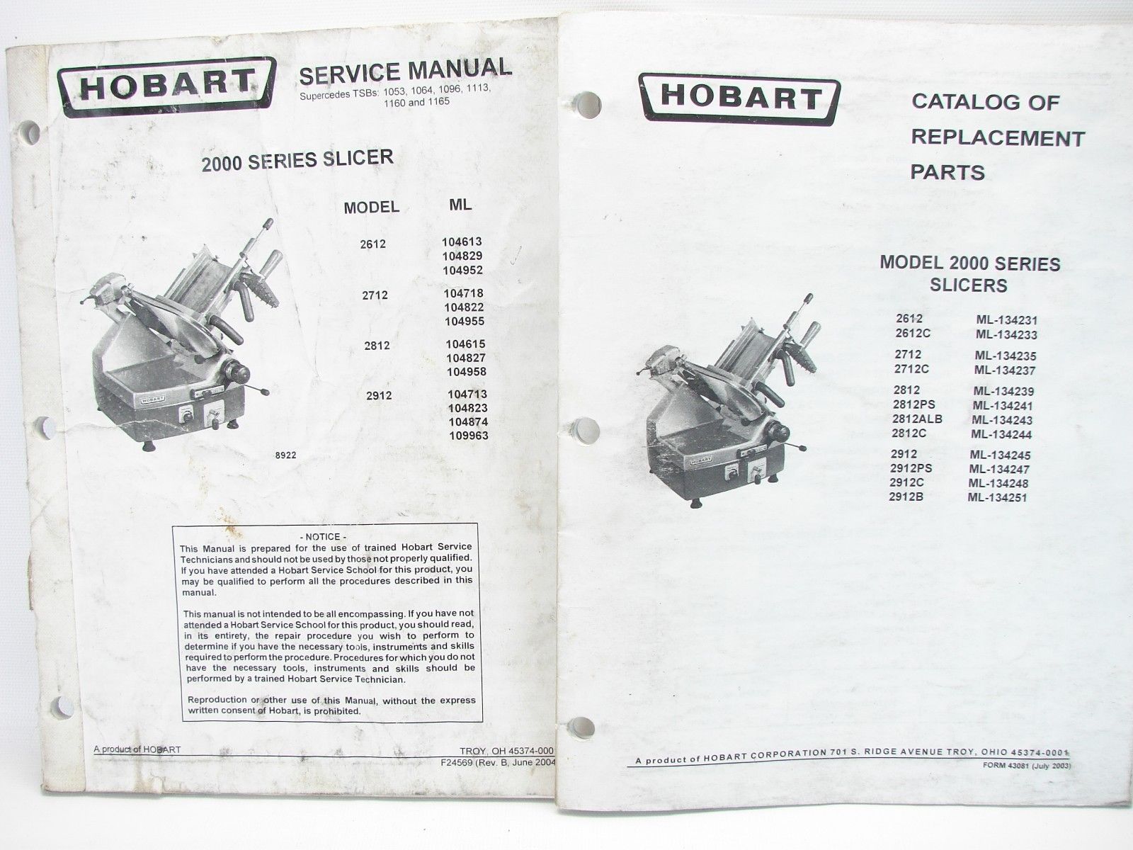 Hobart 2000 Series Slicers Service Manual & Replacement Parts Catalog