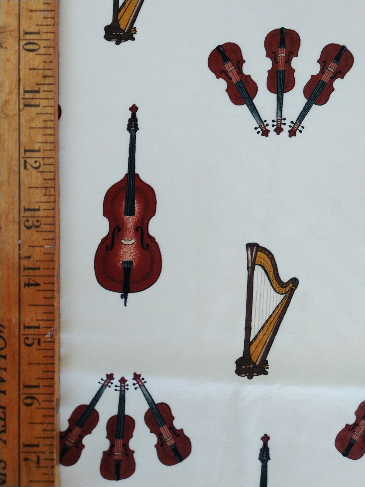 1/2 yd music/violin/bass/harp on white quilt fabric free shipping Sewing