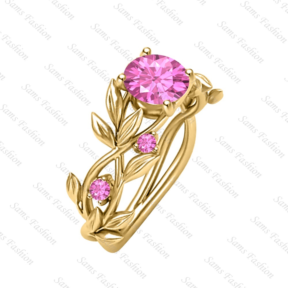 2Ct Pink Sapphire Leaves Round Cut Yellow Gold Over .925 Sterling Silver Womens