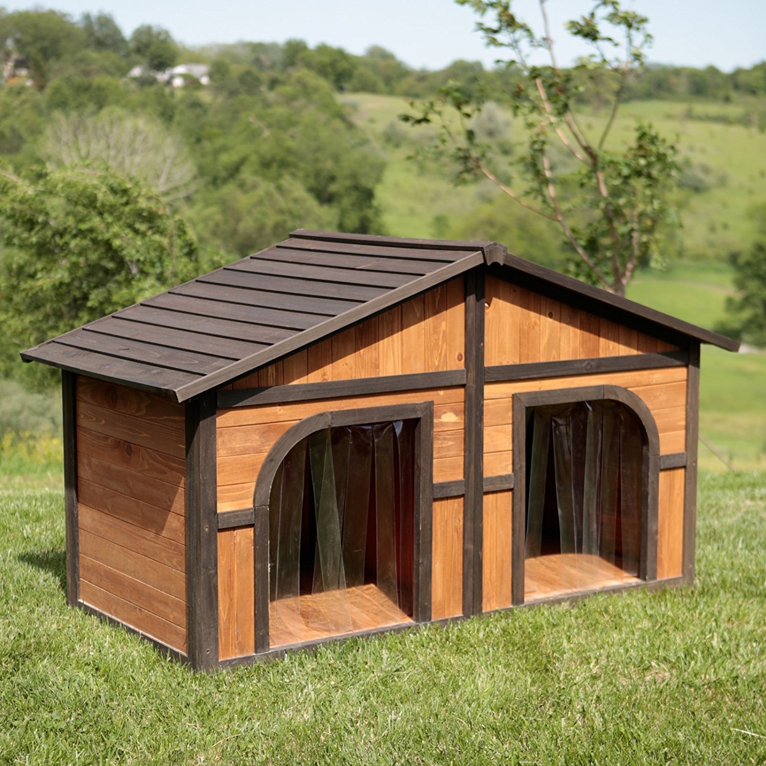 Extra Large Double Dog House Wood Duplex Outdoor Pet Shelter Kennel XL   Wood Duplex 