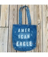 American Eagle Distressed Denim Bag Tote Spell Out Logo Purse 16 x 15 - $14.25