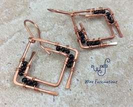 Handmade copper earrings: concentric squares wire wrapped with black onyx - $29.00