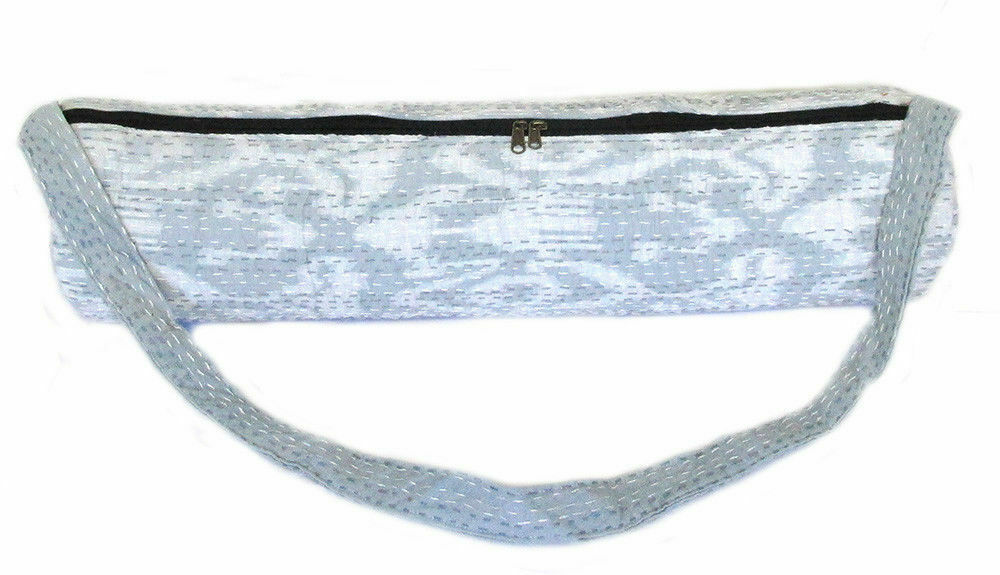 Light Grey Kantha Stitch Large Yoga Mat Carrier Bag with Shoulder Strap Throw
