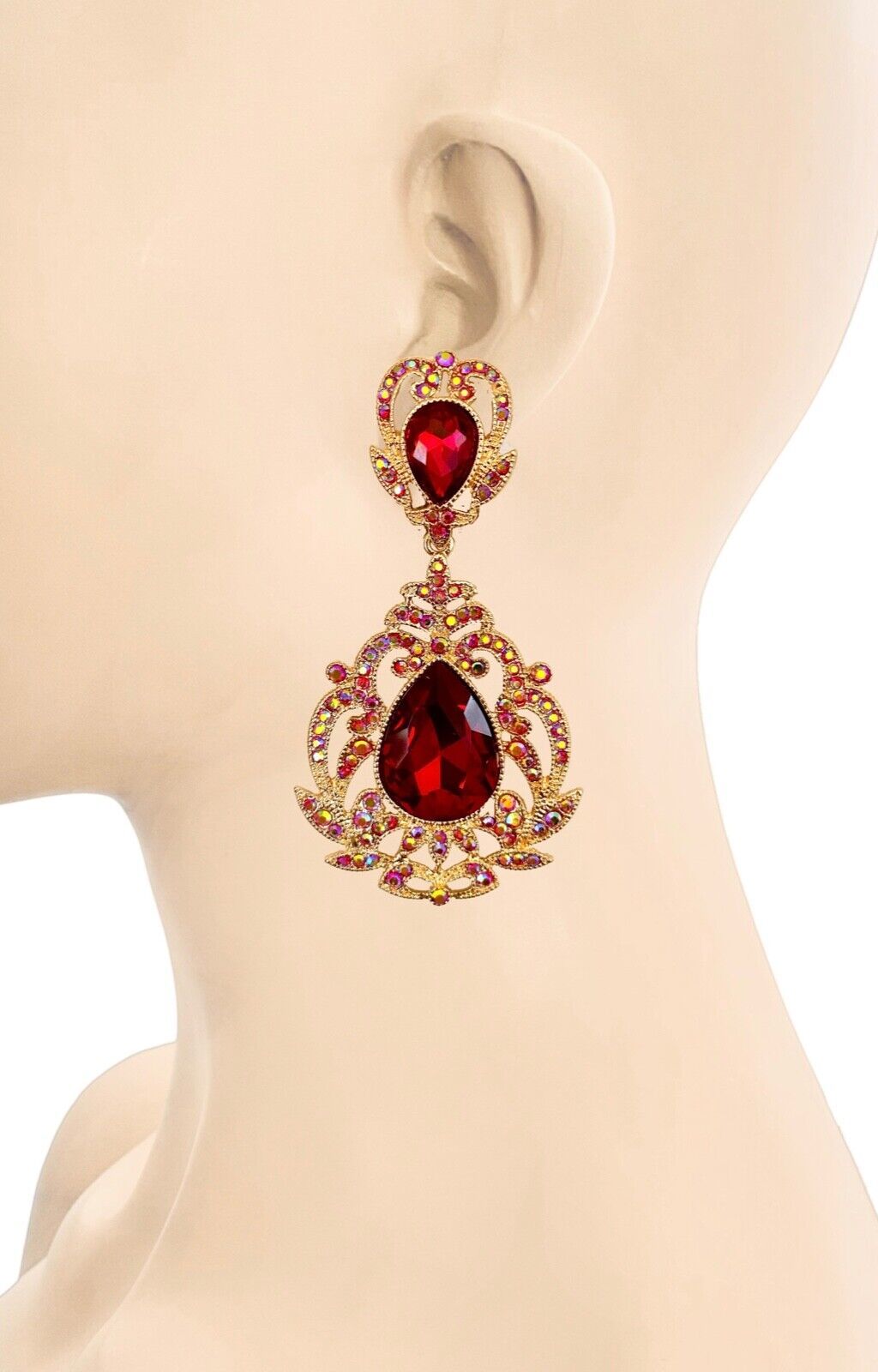 Primary image for 3.5" Long Victorian Inspired Fake Garnet Red Crystal Evening Clip On Earrings