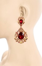 3.5&quot; Long Victorian Inspired Fake Garnet Red Crystal Evening Clip On Ear... - $20.90